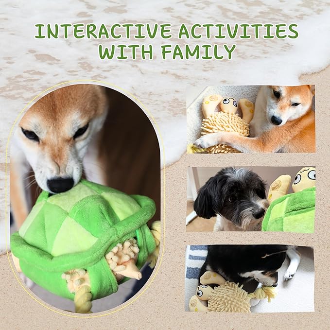 Pawfoo Lab Interactive Dog Toys, Durable Chew Squeaky Tug of War Toys for Large Medium Small Dogs, Snuffle Puppy Toy for Teeth Cleaning, 2 in 1 Puzzle Toy, Birthday Gift -Turtle