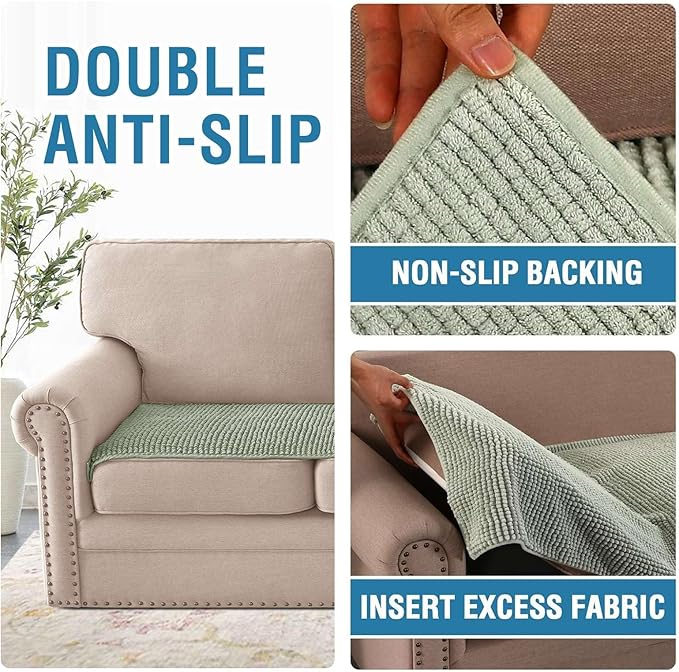 H.VERSAILTEX Plush Chenille Couch Cover for 3 Cushion Couch Anti Slip Washable Sofa Slipcovers Soft and Durable Furniture Protector for Dogs Cats Kids (27.5" x 59", Sea Foam)