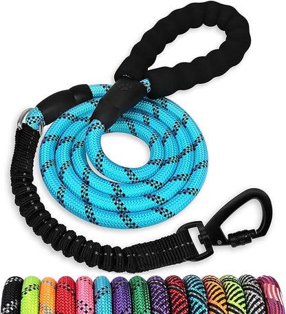 Rope Dog Leash 6 FT: Heavy Duty Leashes with Swivel Lockable Hook Reflective Threads Bungee and Padded Handle - Dog Lead for Large Small Medium Dogs Outside Walking Hiking Blue