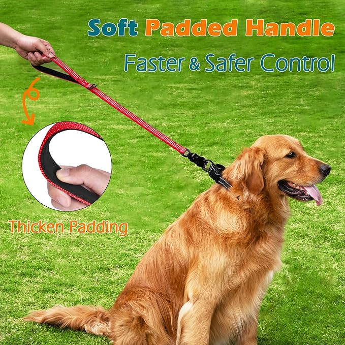 PetBonus Heavy Duty Short Dog Leash, 24 Inch Nylon Traffic Leash with Quick Release Clip, Comfortable Padded Handle, Reflective Training Lead for Medium Large Dogs (Red, 24")