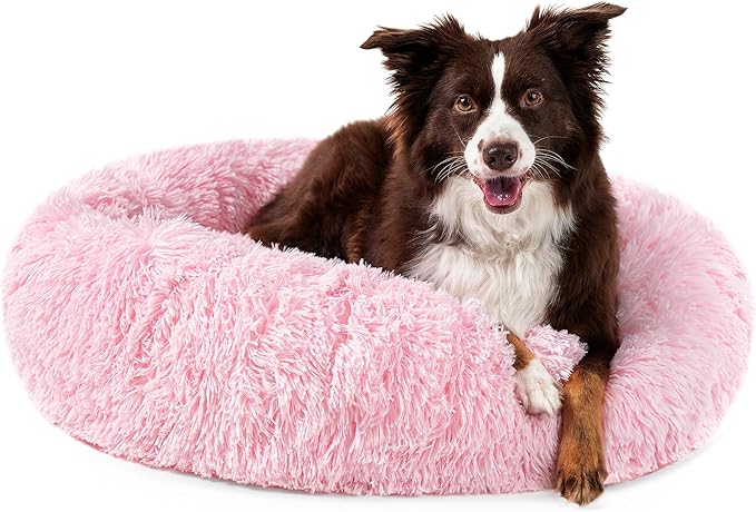PetAmi Calming Dog Bed for Small & Medium Dogs and Cats, 30” Round Donut Dog Bed, Washable Fluffy Faux Fur Puppy & Cat Bed, Anti-Anxiety Plush Cuddler Pet Bed with Anti-Slip Bottom - Pink