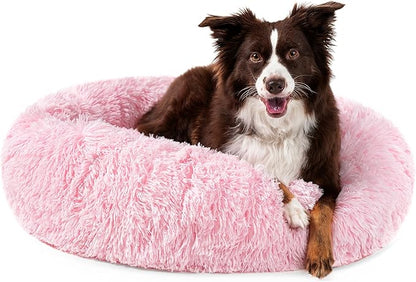 PetAmi Calming Dog Bed for Small & Medium Dogs and Cats, 30” Round Donut Dog Bed, Washable Fluffy Faux Fur Puppy & Cat Bed, Anti-Anxiety Plush Cuddler Pet Bed with Anti-Slip Bottom - Pink