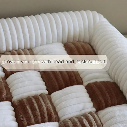 Couch Covers for Dogs and Cats, Fuzzy Dog Sofa bed with Cream Square Plaid, Plush Pet Couch Cover Bed, Thickened Quilted Furniture Protector Mat for Large Medium Pets (Dark Brown 35.43"*35.43")