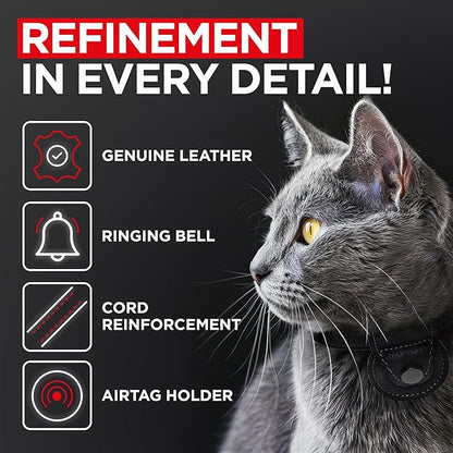 WAUDOG Leather Cat Collar with Airtag Holder, Removable Bell for Small, Medium and Large Breeds Adjustable Long Lasting Classic Kitten Collars Boy & Girl