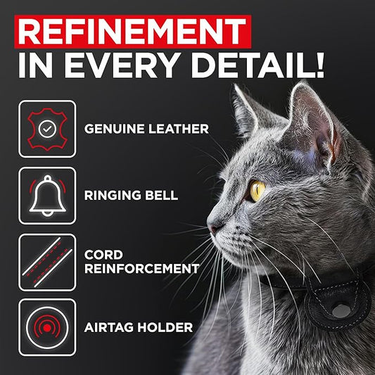WAUDOG Leather Cat Collar with Airtag Holder, Removable Bell for Small, Medium and Large Breeds Adjustable Long Lasting Classic Kitten Collars Boy & Girl