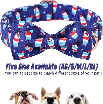4th of July Dog Collar with Bow Tie - American Flag Day Patriotic Dog Collars Blue Star Sundae Summer Bowtie Collar for Small Medium Large Dogs S
