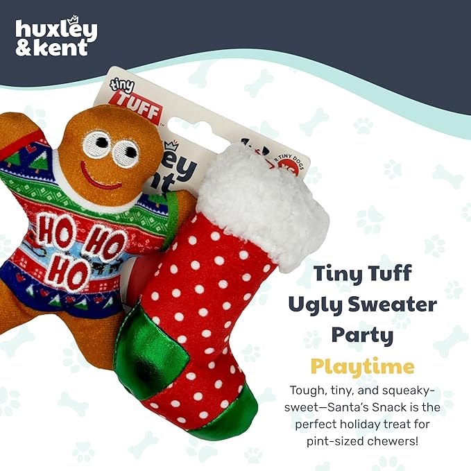 Huxley & Kent Funny Dog Toy w/Squeaker – Holiday Power Plush Squeaky Dog Toys for Small Dogs – Durable Small Stuffed Animal for Indoor Play & Fetch - Tiny Tuff Ugly Sweater Party