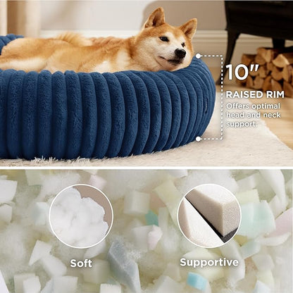 Bedsure ComfyFleece Donut Large Dog Bed - Washable Faux Fur, Corduroy Fleece & Anti Slip Bottom, Round Pet Beds with Removable Cover, Night Blue, 36x36x8 inches