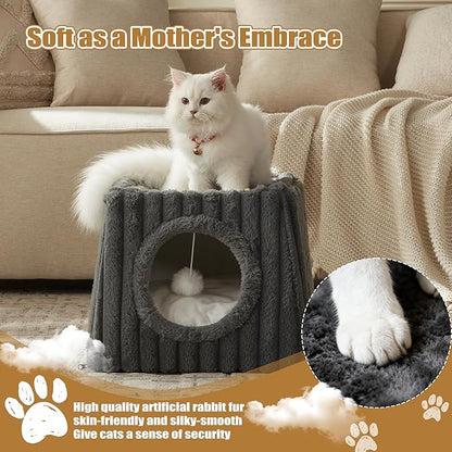 Indoor Cat House - Large Cat Bed Cave with Fluffy Balls and Scratch Pads, Foldable House and Apartment with Pads, Suitable for Multiple Cats (Deep Grey, Large)