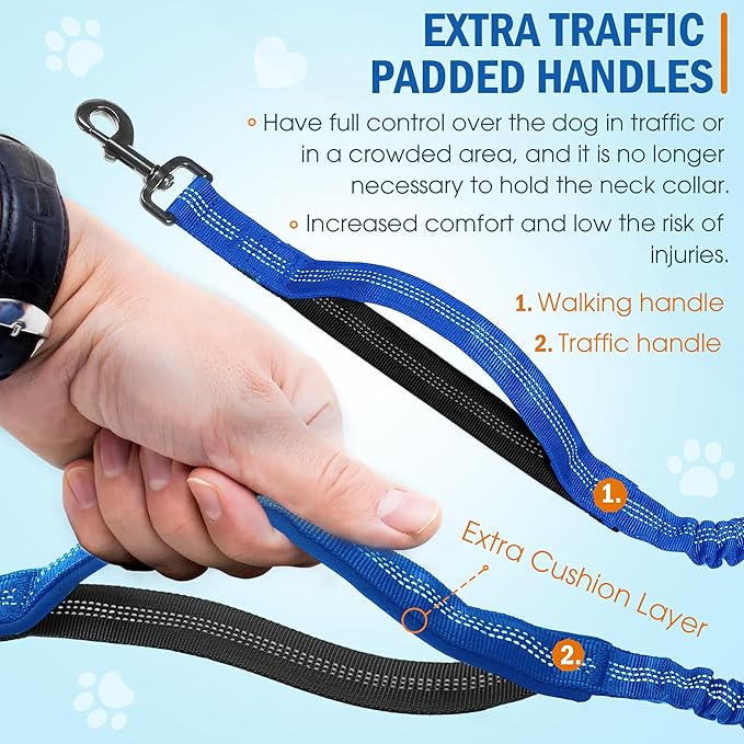 Hands Free Dog Leash with Waist Belt – No-Pull Bungee, Dual Padded Handles & Zipper Pouch for Running, Walking & Training – Adjustable Waist Leash for Large & Medium Dogs (Dark Blue)