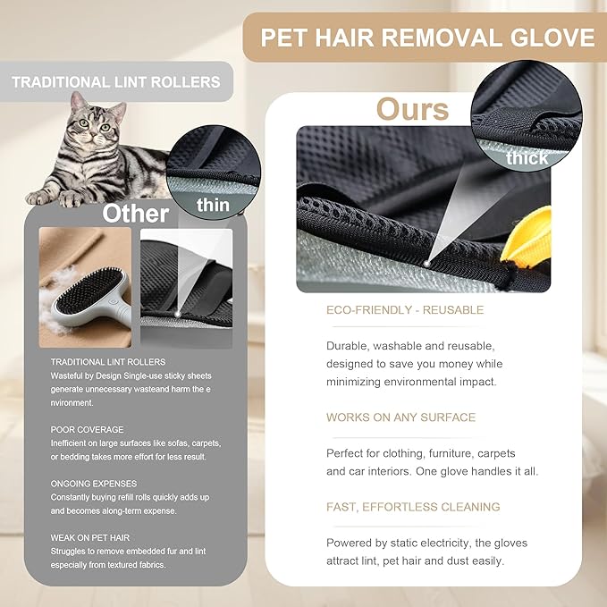 3PCS Pet Hair Removal Glove for Cats & Dogs, Upgraded Five-Finger Electrostatic Pet Hair Remover Glove, Reusable Magic Brush Pet Hair Removal Tool for Laundry, Couch, Carpet & Car Seat (black 3pcs)