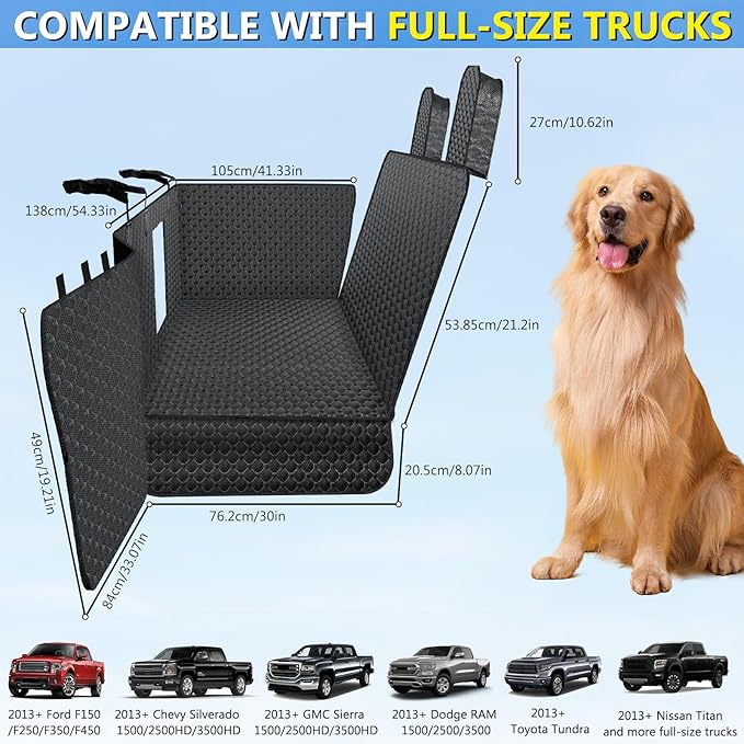 DIAMOOKY Truck Back Seat Extender for Dogs, Upgraded Waterproof Pet Seat Cover with Door Protection, Hard Bottom, Holds 420lbs, Dog Hammock for F150/Silverado 1500/GMC Sierra 1500/RAM 1500/Titan