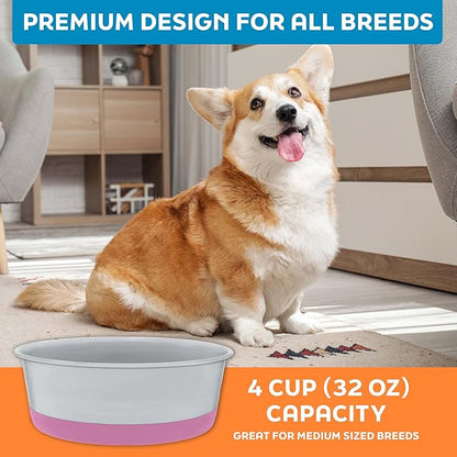 Master Pet Supply Stainless Steel Dog Bowls Set of 2 with Extra Thick Silicone Base - 4 Cup (32 oz) Hyper Pink, Non-Slip, Dishwasher Safe Metal Bowls, Pet Dog Food Bowl for Dogs, Cats, Anti Rust
