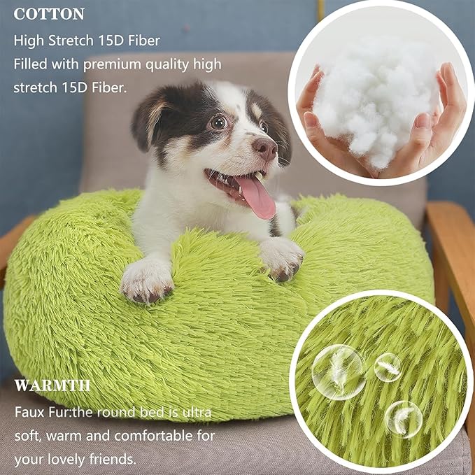 Calming Donut Dogs Beds for Small Dogs Washable,19inch Fluffy Round Puppy Bed for Puppies,Cats & Toy Breeds with Raised Rim,Fits up to 15 lbs Pets,Green