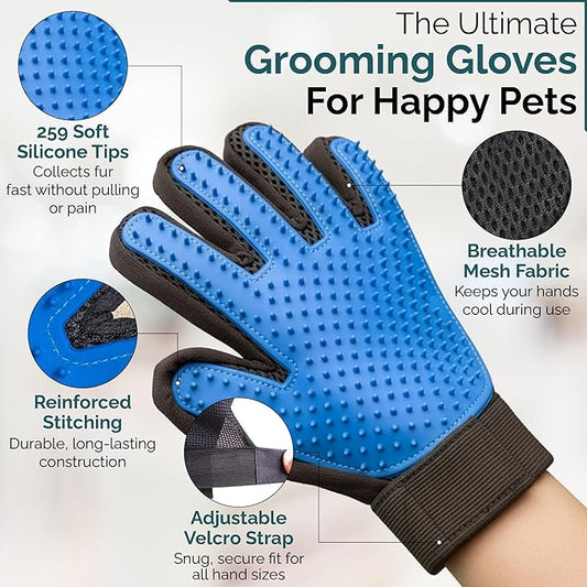 Pet Grooming Gloves for Dogs & Cats – Premium 259-Tip Deshedding & Massage Mitts, Easy-Peel Hair Removal, Adjustable Strap, 1 Pair (Blue/Pink) (Blue)