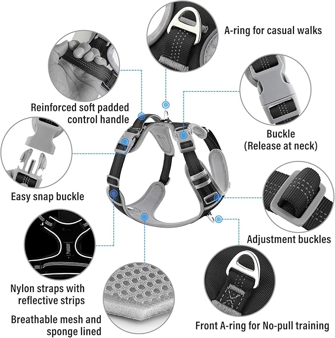 Plutus Pet No Pull Dog Harness, Release at Neck, Reflective Adjustable Dog Vest Harness, Easy Control Handle for Walking, for Small Medium Large Dogs, Black, XL