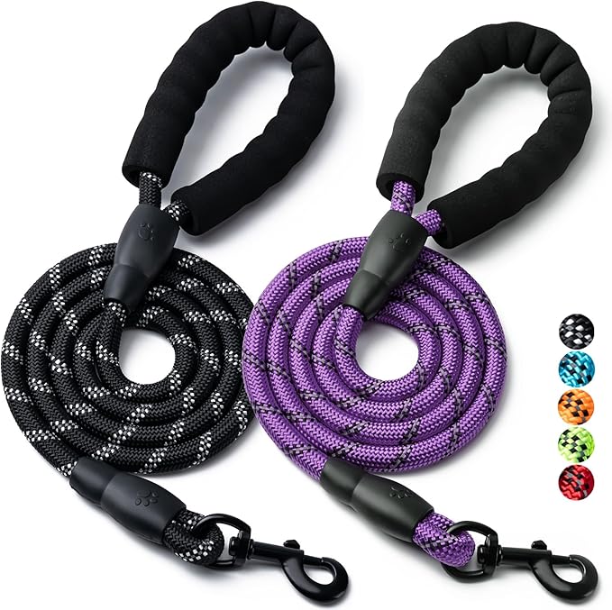 2 Pack Dog Leash, 4/5//6 FT Heavy Duty Nylon Rope Pet Leashes with Comfortable Padded Handle, Reflective Dog Leashes for Small Medium and Large Dogs (4FT-1/2,Black/Purple)