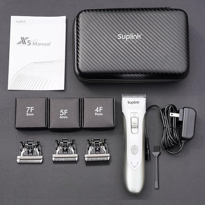 suplink Professional Dog Clippers for Thick Coats, Low Noise Cordless Grooming Clippers with Detachable Blades (1mm, 3mm, 6mm, 9mm), Rechargeable, Quiet Clippers for Sensitive Pets & Home Use