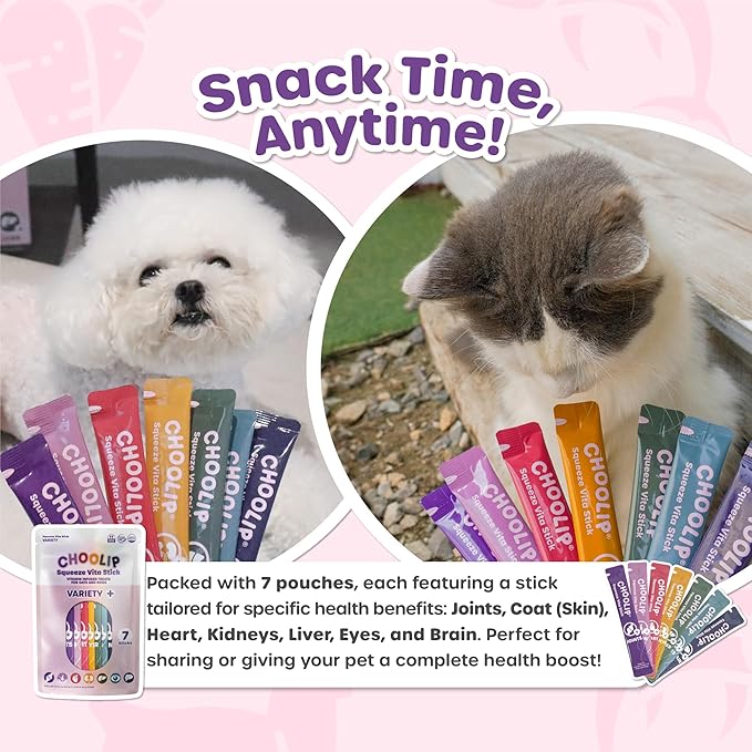 Choolip Squeeze Vita Stick Lickable Cat and Dog Treats – 7-Count Variety Pack – Creamy Puree with Multivitamins for Joints, Skin, Heart, Kidney, Liver, Eyes & Brain – Grain-Free & Vet-Formulated