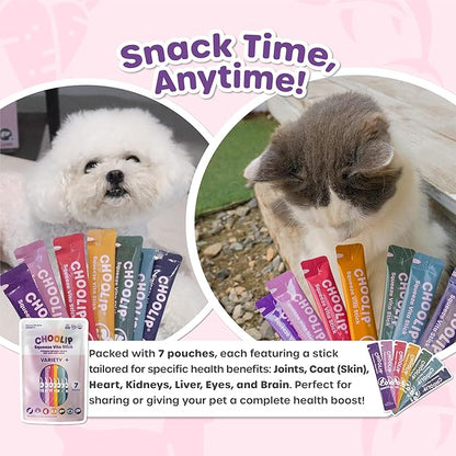Choolip Squeeze Vita Stick Lickable Cat and Dog Treats – 7-Count Variety Pack – Creamy Puree with Multivitamins for Joints, Skin, Heart, Kidney, Liver, Eyes & Brain – Grain-Free & Vet-Formulated