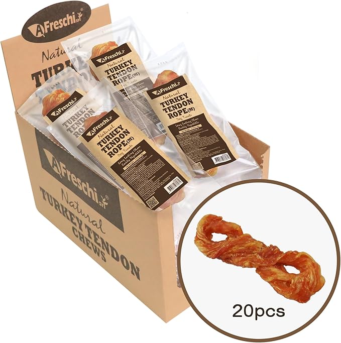 A Freschi srl Turkey Tendons for Dogs, USA-Sourced, Healthy Dog Treats, Rawhide-Free Puppy Chews, Long Lasting, All Natural, Hypoallergenic Dog Treats for Medium Breeds, 20 Count Box Rope (M)