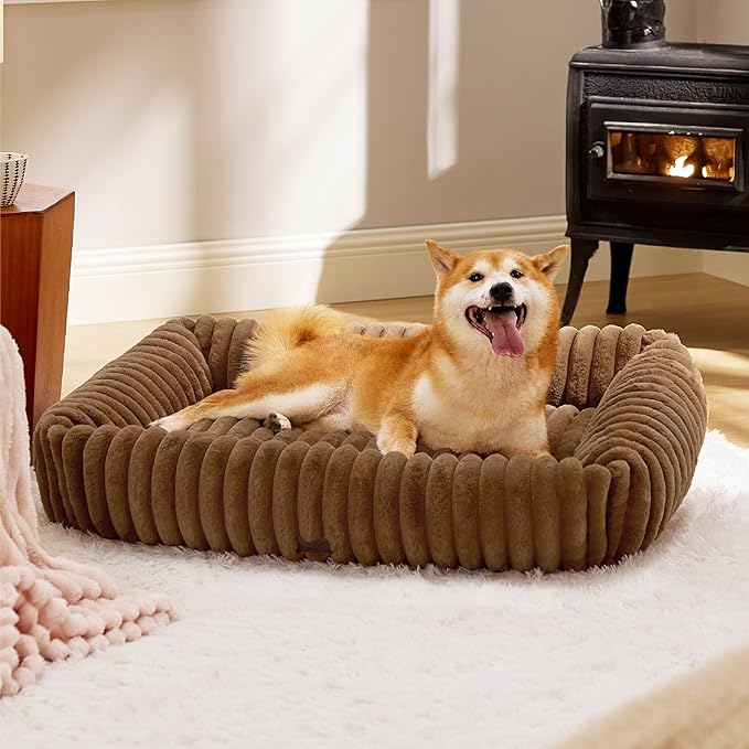 Bedsure ComfyFleece Cute Dog Bed for Large Dogs - Washable Furry Puppy Beds, Rectangle Orthopedic Corduroy Fleece Pet Beds with Removable Zipper Cover, 36x27x8inches, Camel Brown