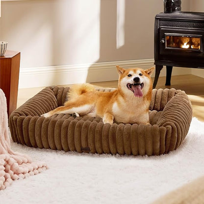 Bedsure ComfyFleece Washable Dog Bed for Medium Dogs - Cute Furry Puppy Beds, Rectangle Orthopedic Corduroy Fleece Pet Beds with Removable Zipper Cover, 30x24x8inches, Camel Brown