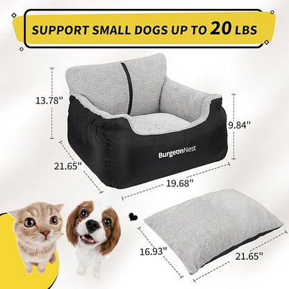 BurgeonNest Dog Car Seat for Small Dogs, Soft Pet Car Travel Home Bed Under 25 lbs, Fully Detachable and Washable Cat Booster Carseats with Storage Pockets and Clip-On Leash Portable Carrier,Black