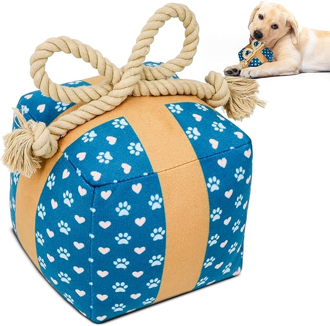 Gift Box Dog Toy – Valentines Day & Birthday Dog Toy, Interactive Squeaker,Rope, and Crinkles for Fun Birthday Puppy Surprise