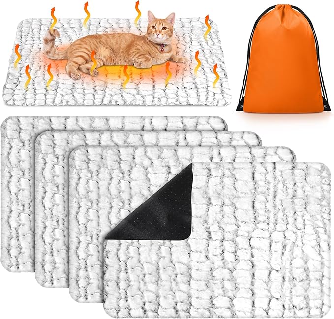 Riakrum 4 Pack Self-Warming Cat Beds with Storage Bags, 30" x 22" Soft Thermal Self Heating Pet Pads, Non-Slip & Washable Heated Mats for Indoor Outdoor Pet