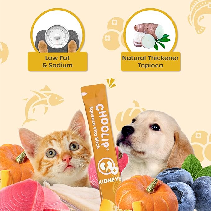 Choolip Squeeze Vita Stick Lickable Cat and Dog Treats, 49-Count Kidney Support Variety Pack, Tuna and Pollack with Cranberry, CoQ10 and Omega-3