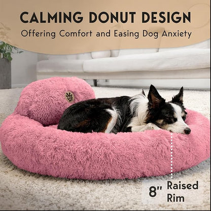 PetJett Calming Large Dog Bed - 36'' Donut Dog Beds, Anti-Slip & Washable Large Round Bed, Fluffy Faux Fur Pet Bed, Super Soft Anti-Anxiety Premium Comfort Bed, Fits Dogs up to 80 lbs - Pink