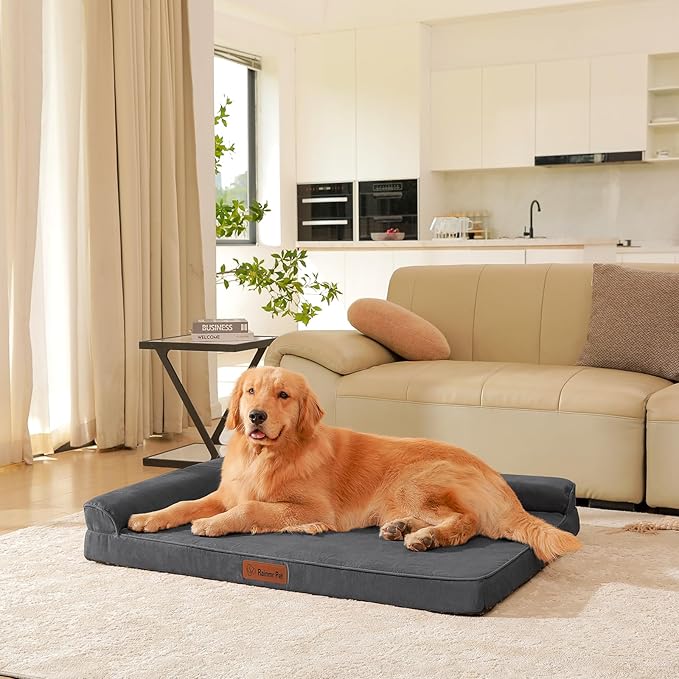 Rainmr Orthopedic Dog Bed for Large Dogs, 44"x32"x6" Memory Foam Pet Bed with Washable Microsuede Cover, TPU Waterproof Liner & Nonskid Bottom, for Indoor, Outdoor, Crate ＆ Car Use, Dark Grey