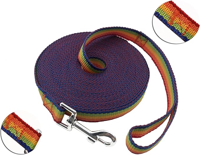 PETGOGO 15ft 20ft 30ft 40ft 50ft Long Dog/Puppy Lead Obedience Recall Training Dog Leashes for Small Medium Dogs Camping, Training, Play, or Backyard (Rainbow, 1" x 30FT)