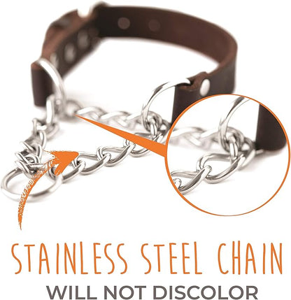 Mighty Paw Martingale Dog Collar - No Pull Design - Stainless Steel Chain - Limited Chain Cinch Training - Brown Leather Martingale Training Collar - Large Size