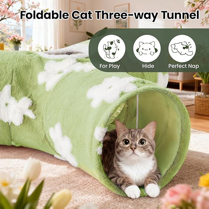 Tempcore Flannel Pet Cat Tunnel Tube Cat Toys 3 Way Collapsible, Cat Tunnels for Indoor Cats，Kitty Tunnel Bored Pet Toys Peek Hole Toy Ball Puppy, Kitty, Kitten, Rabbit Daisy Green