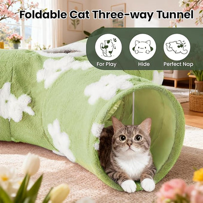 Tempcore Flannel Pet Cat Tunnel Tube Cat Toys 3 Way Collapsible, Cat Tunnels for Indoor Cats，Kitty Tunnel Bored Pet Toys Peek Hole Toy Ball Puppy, Kitty, Kitten, Rabbit Daisy Green
