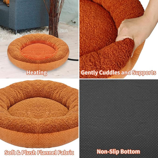 AUPETEK Heated Cat Beds for Indoor Cats Warming Cat Beds Super Soft Machine Washable Thermo Kitty Electric Heating Bed 19 Inches Round