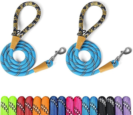 lynxking Rope Dog Leash 6 FT with Comfortable Padded Handle, Highly Reflective Threads Leash for Small Medium Large Dogs (Light Blue, 2PCS Large 1/2in x 6ft-Rope Clasp)