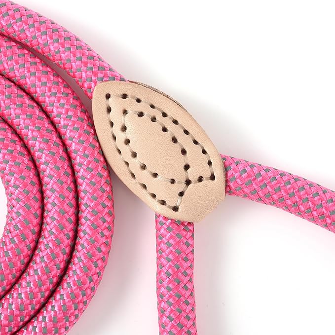 Mile High Life Rope Leash with Genuine Leather Connection, 6 FT/5 FT/4 FT, Heavy Duty Leash for Small Medium & Large Dogs (Hot Pink,60 Inch)