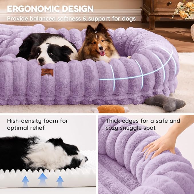 ChiXnuggle Human Dog Bed for Adult - Luxury Striped Faux Fur Giant Dog Bed with Portable Handle, Egg Orthopedic Foam Pad with Thick Blanket, 72"x40"x10", Purple