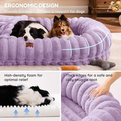 ChiXnuggle Human Dog Bed for Adult - Luxury Striped Faux Fur Giant Dog Bed with Portable Handle, Egg Orthopedic Foam Pad with Thick Blanket, 72"x40"x10", Purple