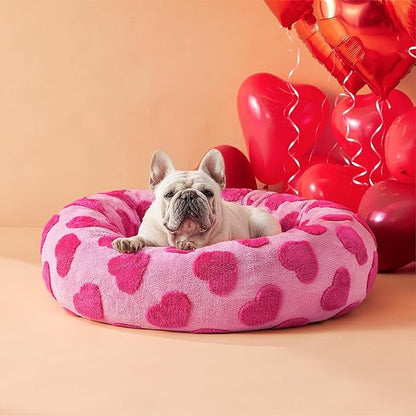 Lesure Donut Medium Dog Bed Calming - Round Cat Beds Indoor Valentine's Day Gift for Pets, Orthopedic Washable Cute Home Decor Beds with Jacquard Shaggy Plush & Anti Slip Bottom, 30 Inch, Lover Hearts