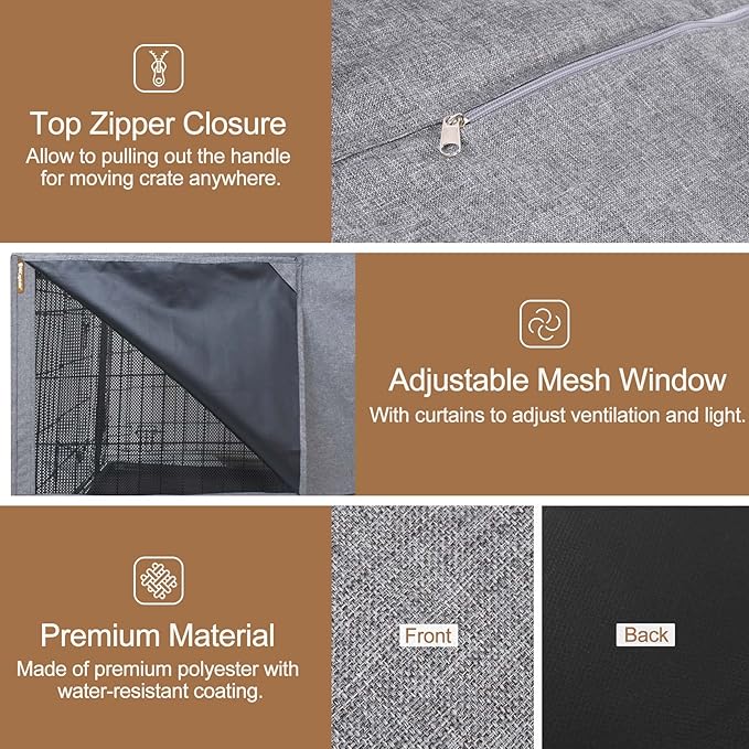 HiCaptain Breathable Dog Crate Cover 48 Inch, Durable Heavy Duty Kennel Cover, Dual Zippered Panels, Windproof Waterproof UV-Resistant(Grey)