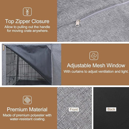 HiCaptain Breathable Dog Crate Cover 42 Inch, Durable Heavy Duty Kennel Cover, Dual Zippered Panels, Windproof Waterproof UV-Resistant(Grey)