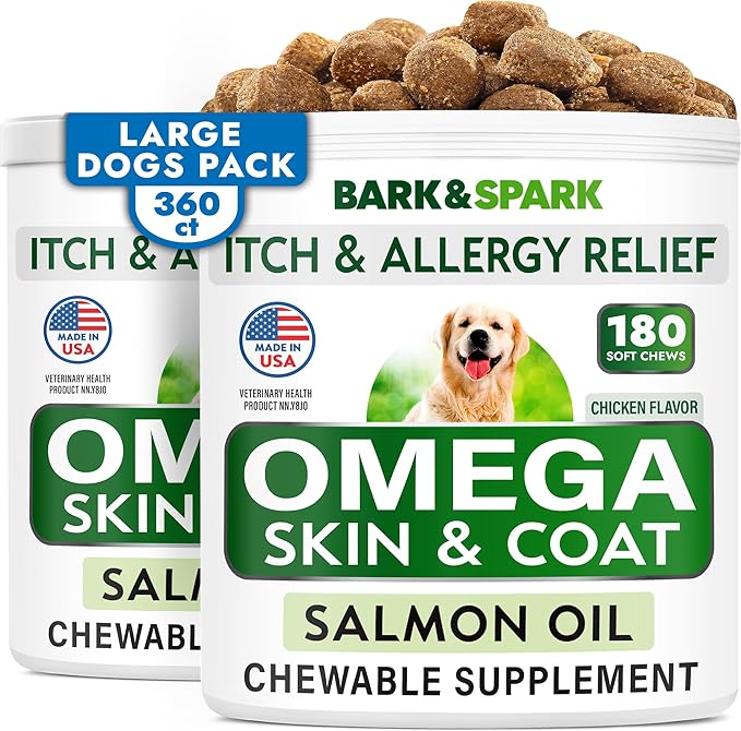 BARK&SPARK Omega 3 for Dogs - 360 Fish Oil Treats for Dog Shedding, Skin Allergy, Itch Relief, Hot Spots Treatment - Joint Health - Skin and Coat Supplement - EPA & DHA Fatty Acids - Salmon Oil
