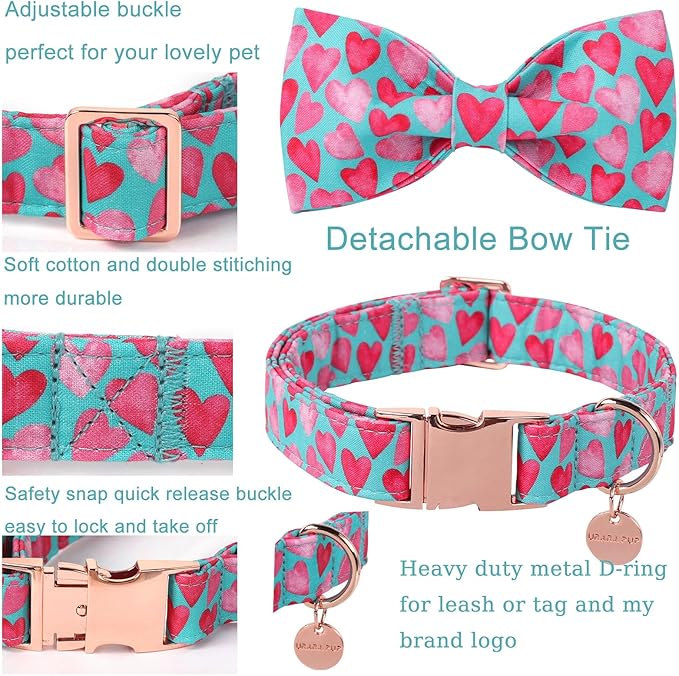 UP URARA PUP Valentine’s Day Dog Collar with Bow Tie, Pink Heart Bowtie Collar with Metal Buckle, Valentine’s Day Gift Pet Collar for Puppy Girl Boy Dog or Cat, Wedding Dog Collar, XS, Neck 8-12in