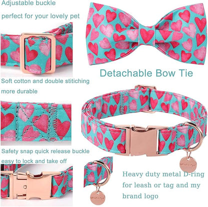 UP URARA PUP Valentine’s Day Dog Collar with Bow Tie, Pink Heart Bowtie Collar with Metal Buckle, Valentine’s Day Gift Pet Collar for Puppy Girl Boy Dog or Cat, Wedding Dog Collar, L, Neck 16-24in