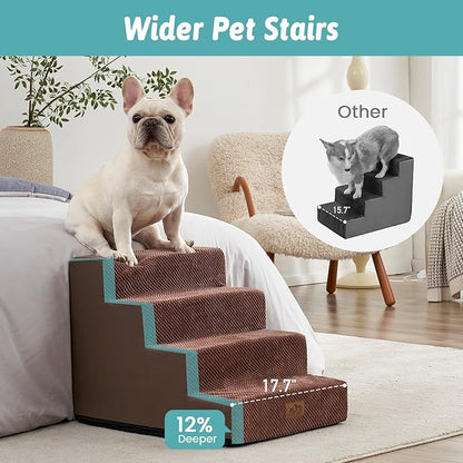 COZY KISS Dog Stairs for Small Dogs, 17.7" Extra Wide Right-Angle Pet Stairs for Couch and Beds, Anti-Slip Dog Steps for Old Cats and Lowrider, 17.7x23.6x17.7 inch, Brown