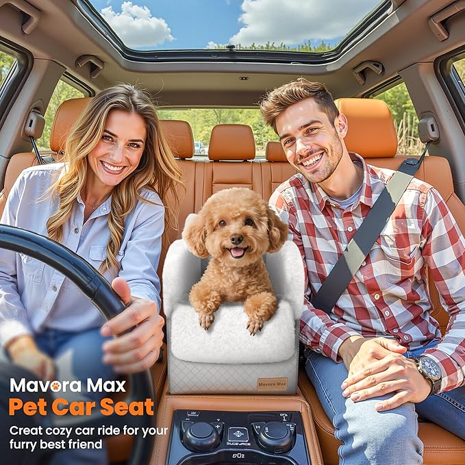 Mavora Max Portable Small Dog Seat for Car, Luxury Center Console Dog Car Seat Booster with Safety Tethers, Anti-Collapse Pet Travel Carseat for SUV, Truck (Light Grey/White)